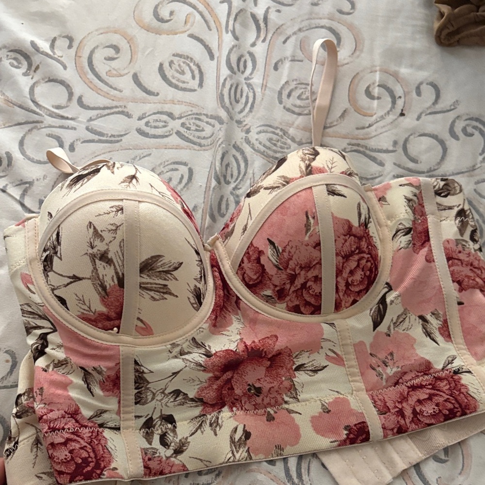 Floral Lace Bustier in Pink and Cream